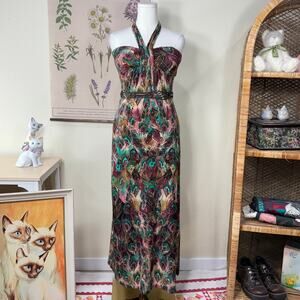 Vintage 90s Y2k Peacock Feather Halter Maxi Dress Hippie Boho Coastal Grandma M